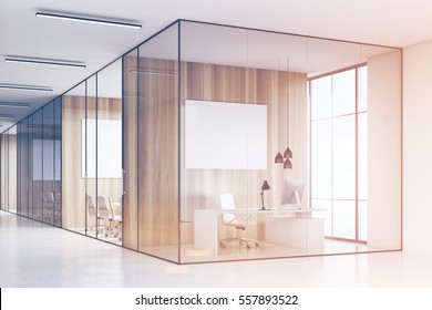 Row Of Meeting Rooms With Glass And Wooden Walls And Computers On A White Desk. 3d Rendering. Mock Up. Toned Image