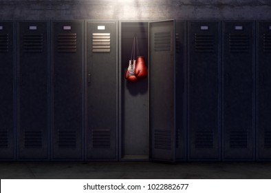 A row of metal gym lockers with one open door revealing that it has a pair of boxing gloves hanging up inside - 3D render - Powered by Shutterstock