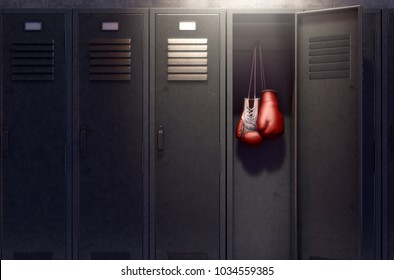 A row of metal gym lockers with one open door revealing that it has a pair of boxing gloves hanging up inside - 3D render - Powered by Shutterstock