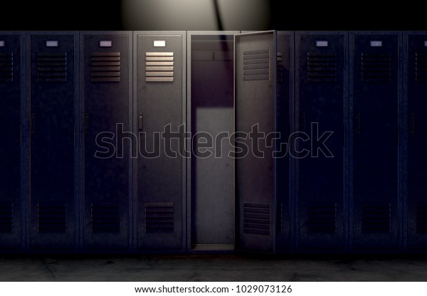 A row of metal gym lockers with one\
open door revealing tan empty interior - 3D\
render