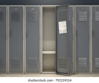 A row of metal school lockers with one open door and a blank page note taped to the inside - 3D render