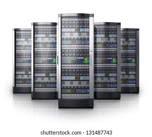 Row Of Network Servers In Data Center Isolated On White Background With Reflection Effect