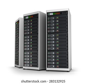 Row Of Network Servers In Data Center Isolated On White