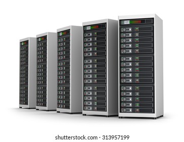 Row Of Network Servers In Data Center Isolated On White