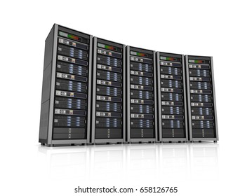 Row Of Network Servers In Data Center Isolated On White Background . 3D Illustration