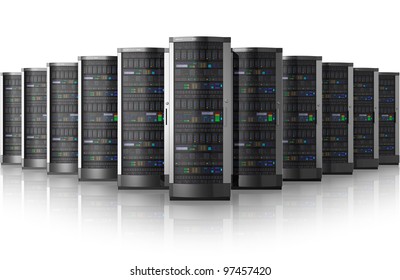 Row Of Network Servers In Data Center Isolated On White Background With Reflection Effect