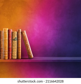 Row Of Old Books On Rainbow Shelf. Square Scene Background