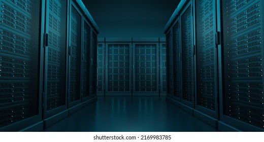 Row Of Operating Server Racks In Modern Data Center Room, 3d Rendering Cyber Security Infrastructure Interior, Super Computer Cluster For Artificial Intelligence Model Database Technology