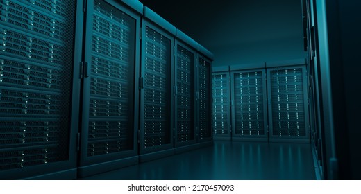 Row Of Operating Server Racks In Modern Data Center Room, 3d Rendering Cyber Security Infrastructure Interior, Super Computer Cluster For Artificial Intelligence Model Database Technology