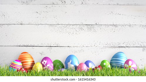 Row painted colored easter eggs    3D illustration