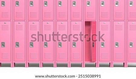 Row of pink opened empty school lockers standing on white background 3d
