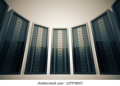 Row Of Rack Mounted Servers In Data Center With Green LEDs.