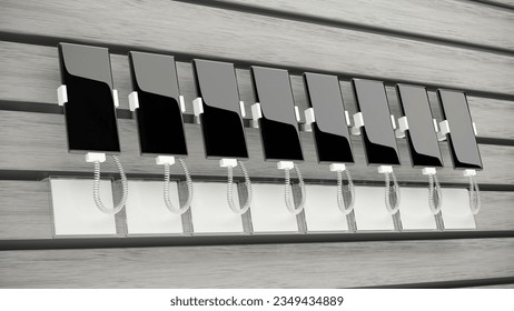 Row of smartphones in a shop window with anti-theft equipment. 3d illustration