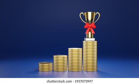 The row of stack golden coins as step up to trophy on top. Winner concept image. 3D rendering illustration image.
