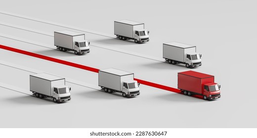 Row of trucks moving, side view red and white delivery vans. Concept of delivery and international logistics, cargo and competition. 3D rendering illustration - Powered by Shutterstock