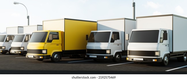 Row Of Trucks Parked Outdoors, Side View. Concept Of Delivery And Global Logistics. Mockup Copy Space. 3D Rendering