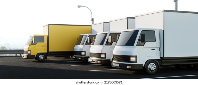 Row Of Trucks Parked Outdoors, Side View, Yellow And White Delivery Vans. Concept Of Delivery And International Logistics. Mockup Copy Space. 3D Rendering