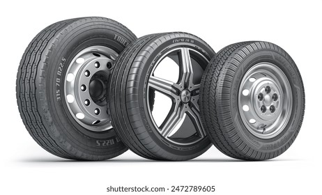 Row of various car tires with  alloy wheels isolated on white background. 3d illustration - Powered by Shutterstock