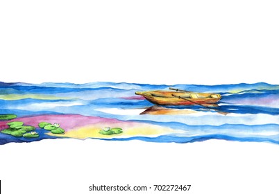 A Rowing Boat Alone Floating Down The River. Watercolor Painting On White Background