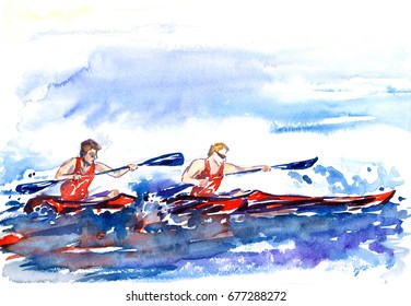 Rowing (crew), Two Athletes In Canoe, Splashed Water Background, Hand Painted Watercolor Illustration