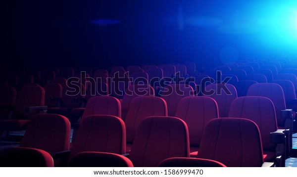 Rows Of\
Comfortable Red Chairs In Dark Cinema Theater. Empty Cinema Seats\
in Theatre for Movies. 3D\
Rendering.