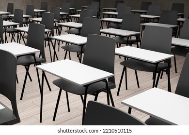 Rows Of Desks And Chairs In An Adult Training Classroom. 3D Illustration Of The Concept Of Lifelong Learning Education