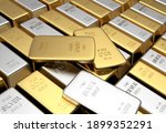 Rows of gold and silver bars with several thin bars. 3d illustration