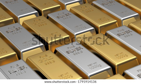 Rows of gold and silver bars stacked as a\
background. 3D\
illustration