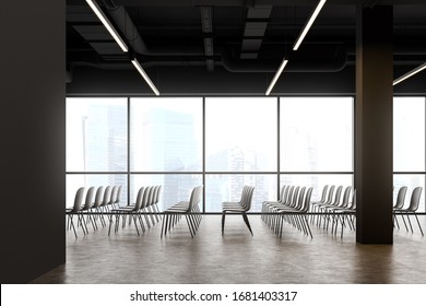 Rows Of Grey Chairs In Dark Gray Panoramic Office Lecture Hall With Concrete Floor And Blurry Cityscape. Concept Of Education And Management. 3d Rendering