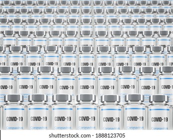 Rows Of Multiple Covid-19 Vaccine Vials. Mass Production And Inoculation Concept.