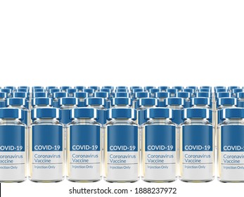 Rows Of Multiple Covid-19 Vaccine Vials Isolated On A White Background. Mass Production And Inoculation Concept.