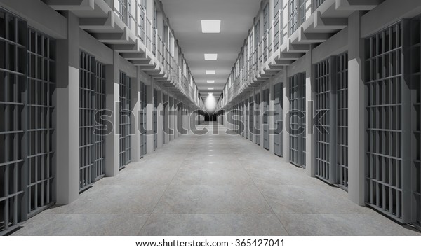 Rows of prison cells,\
prison interior.