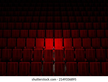 Rows Of Red Velvet Seats Watching Movies In The Cinema With Spotlight Only Couple Deluxe Seat Background. Entertainment And Theater Concept. 3D Illustration Rendering