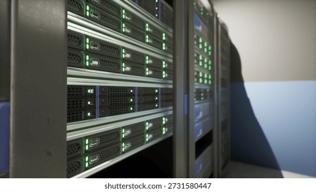 Rows of server racks filled with vibrant green lights create a dynamic atmosphere in a modern tech facility. This environment showcases advanced data storage solutions and innovative technology.