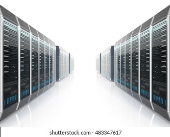 Rows Of Servers In Data Center With Bright Backlight On White Background. 3D Illustration.