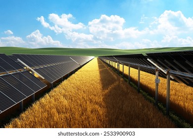 Rows of solar panels span a sunlit golden wheat field under a blue sky dotted with fluffy clouds. This image highlights the harmonious blend of renewable energy and sustainable agriculture practices.