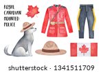 Royal Canadian Mounted Police (RCMP) dress uniform illustration collection. Red Serge, brown felt campaign hat, maple leaf symbol, cute sled dog puppy, flag of Canada. Hand drawn watercolour clipart.