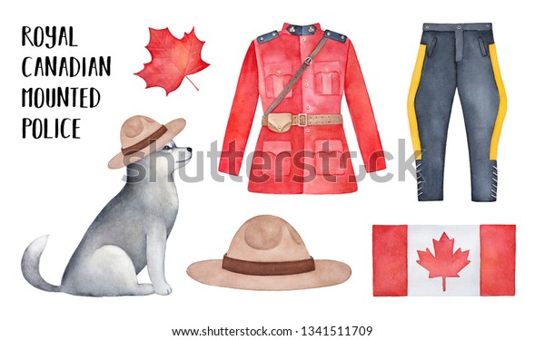 王立カナダ騎馬警察 Rcmp の制服イラストコレクション 赤セル 茶色のフェルトキャンペーンハット カエデの葉のシンボル かわいいそり犬の子犬 カナダ の国旗 手描きの水彩画 のイラスト素材