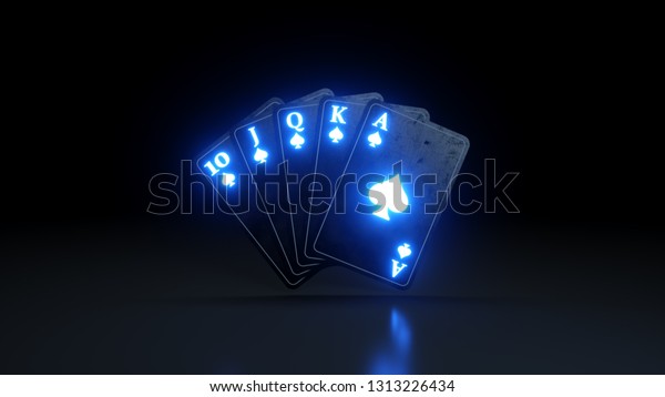 Royal Flush in\
Spades Poker Playing Cards With Neon Lights Isolated On The Black\
Background - 3D\
Illustration