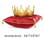 Royal gold crown on red pillow isolated on white. 3d rendering.