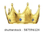 Royal gold crown with sapphires isolated on white. 3d rendering.