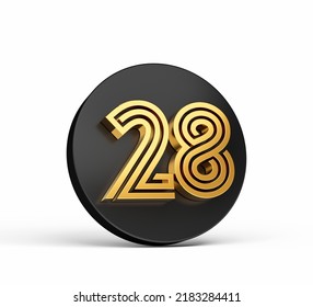 Royal Gold Modern Font. Elite 3D Digit Letter 28 Twenty Eight On Black 3d Button Icon 3d Illustration