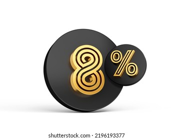 Royal Gold Modern Font. Elite 3D Digit Letter 8% Eight Percent On Black 3d Button Icon 3d Illustration