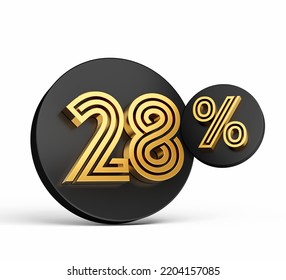 Royal Gold Modern Font. Elite 3D Digit Letter 28% Twenty Eight Percent On Black 3d Button Icon 3d Illustration