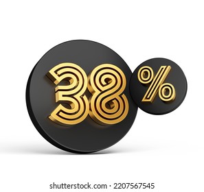 Royal Gold Modern Font. Elite 3D Digit Letter 38% Thirty Eight Percent On Black 3d Button Icon 3d Illustration