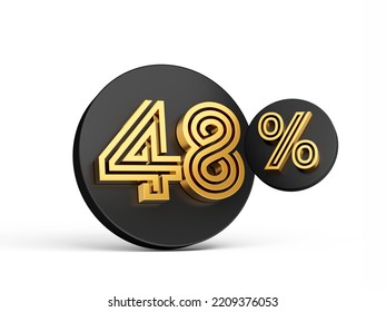 Royal Gold Modern Font. Elite 3D Digit Letter 48% Forty Eight Percent On Black 3d Button Icon 3d Illustration