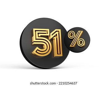 Royal Gold Modern Font. Elite 3D Digit Letter 51% Fifty One Percent On Black 3d Button Icon 3d Illustration