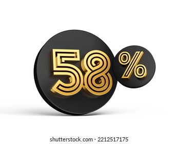 Royal Gold Modern Font. Elite 3D Digit Letter 58% Fifty Eight Percent On Black 3d Button Icon 3d Illustration