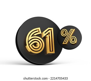 Royal Gold Modern Font. Elite 3D Digit Letter 61% Sixty One Percent On Black 3d Button Icon 3d Illustration