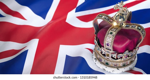 Royal Golden Crown With Jewels On British  Flag. Symbols Of UK United Kingdom. 3d Illustration